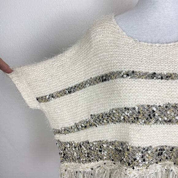 Moth | Anthropologie NWT White Soft Chunky Knit Metallic Stripe Fringe Sweater - Picture 6 of 12